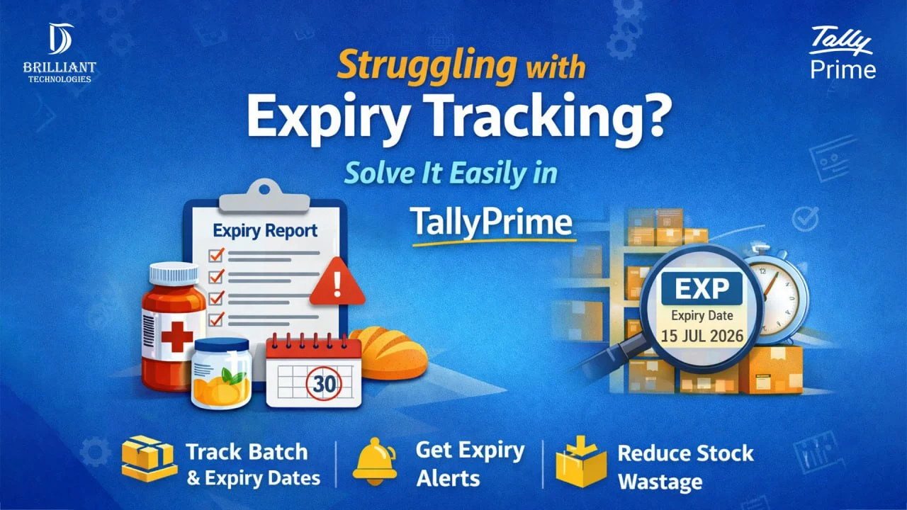 Expiry tracking in TallyPrime Hyderabad by Brilliant Technologies showing batch wise inventory, expiry alerts and stock management