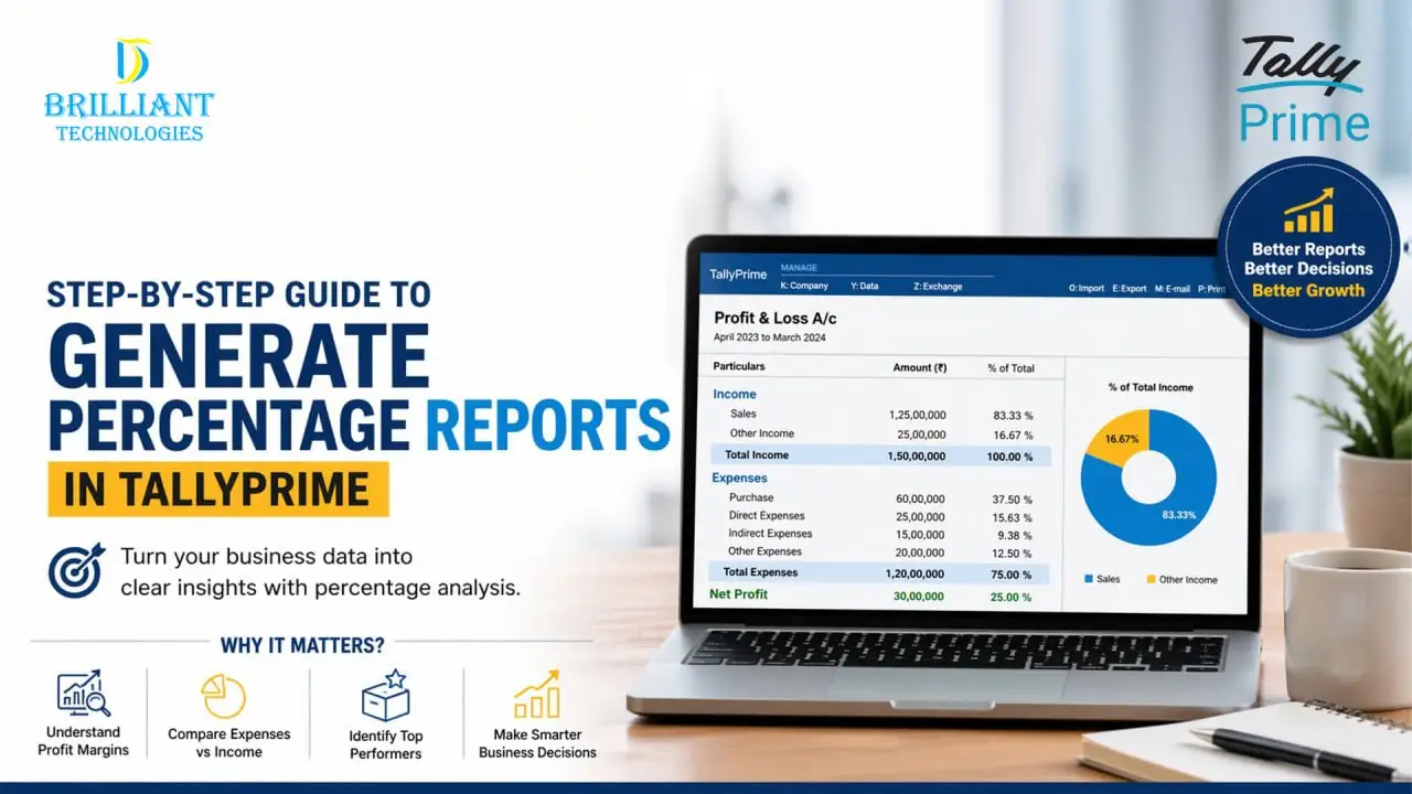 Step by step guide to generate percentage reports in TallyPrime by Brilliant Technologies Hyderabad for better financial analysis and business insights