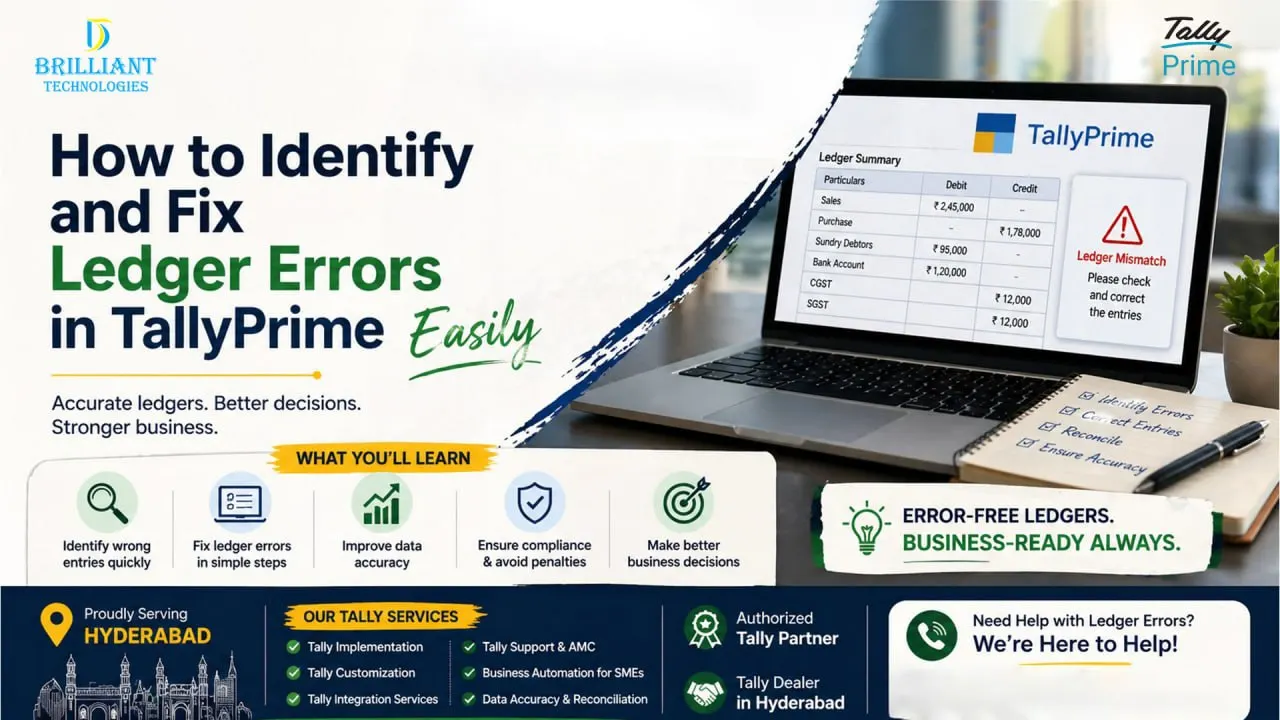 How to identify and fix ledger errors in TallyPrime easily by Brilliant Technologies, trusted Tally Partner in Hyderabad offering Tally support and error correction services for businesses