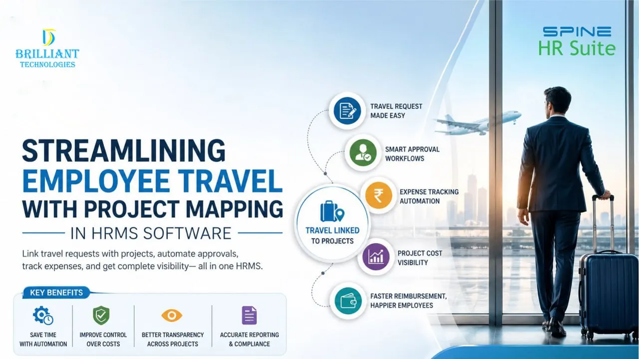 Employee travel management HRMS Hyderabad with project mapping, automated approvals, and expense tracking by Brilliant Technologies Spine HR Suite