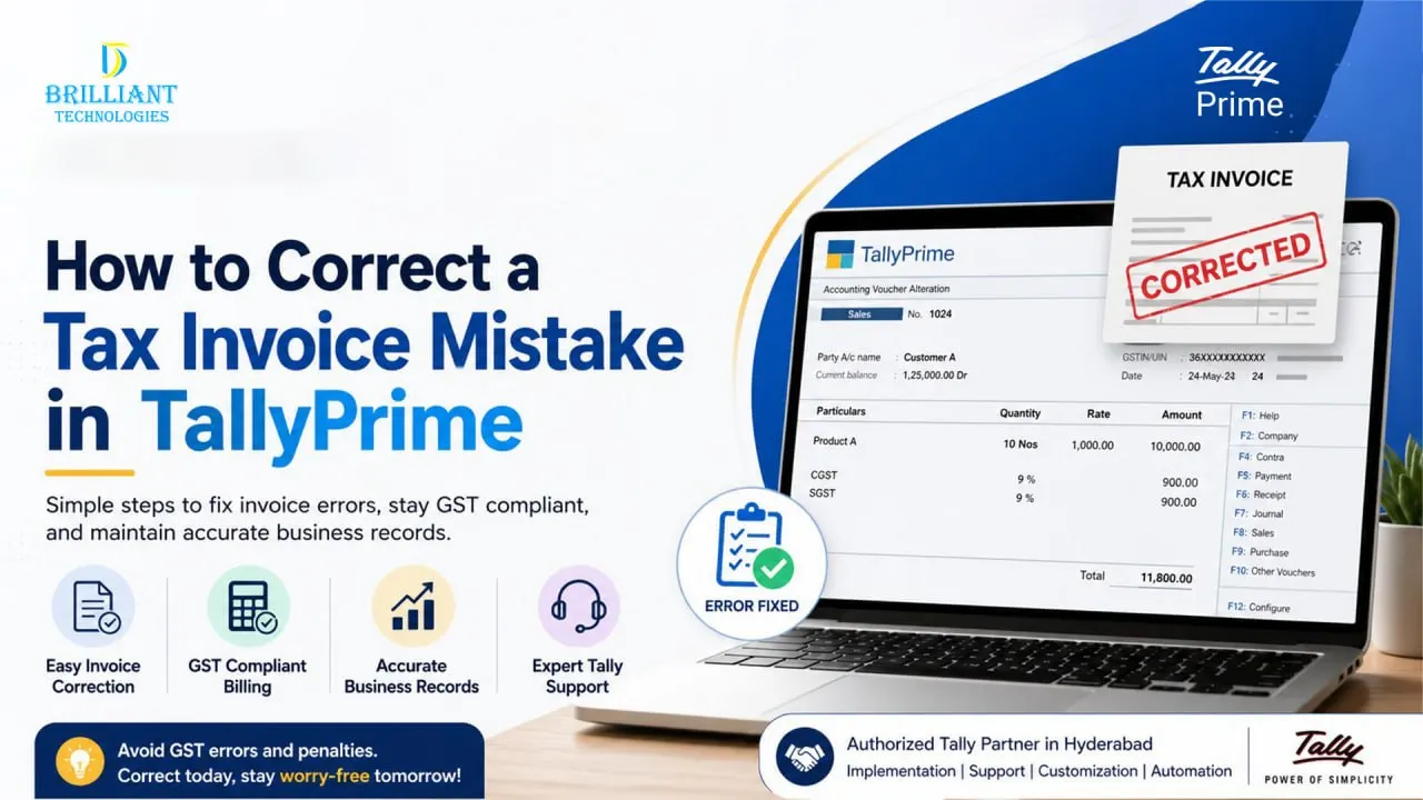 How to correct a tax invoice mistake in TallyPrime Hyderabad with GST invoice correction process by Brilliant Technologies Tally support experts