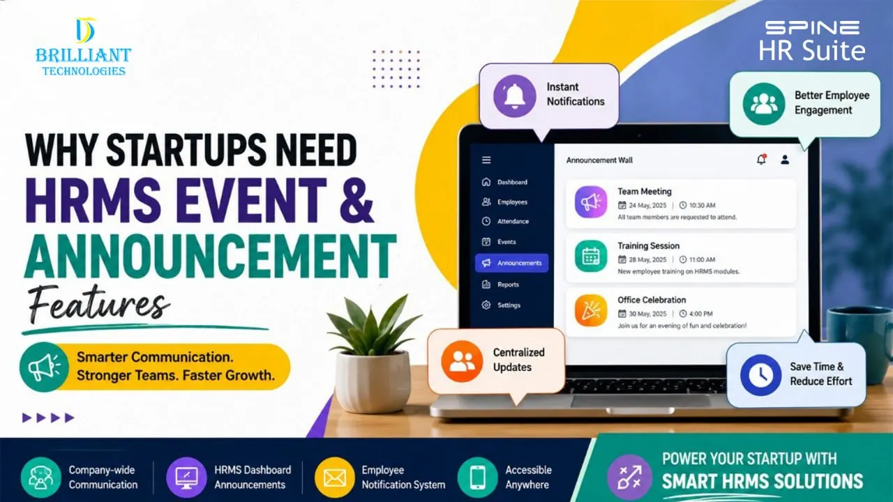 HRMS event and announcement management dashboard for startups by Brilliant Technologies Hyderabad