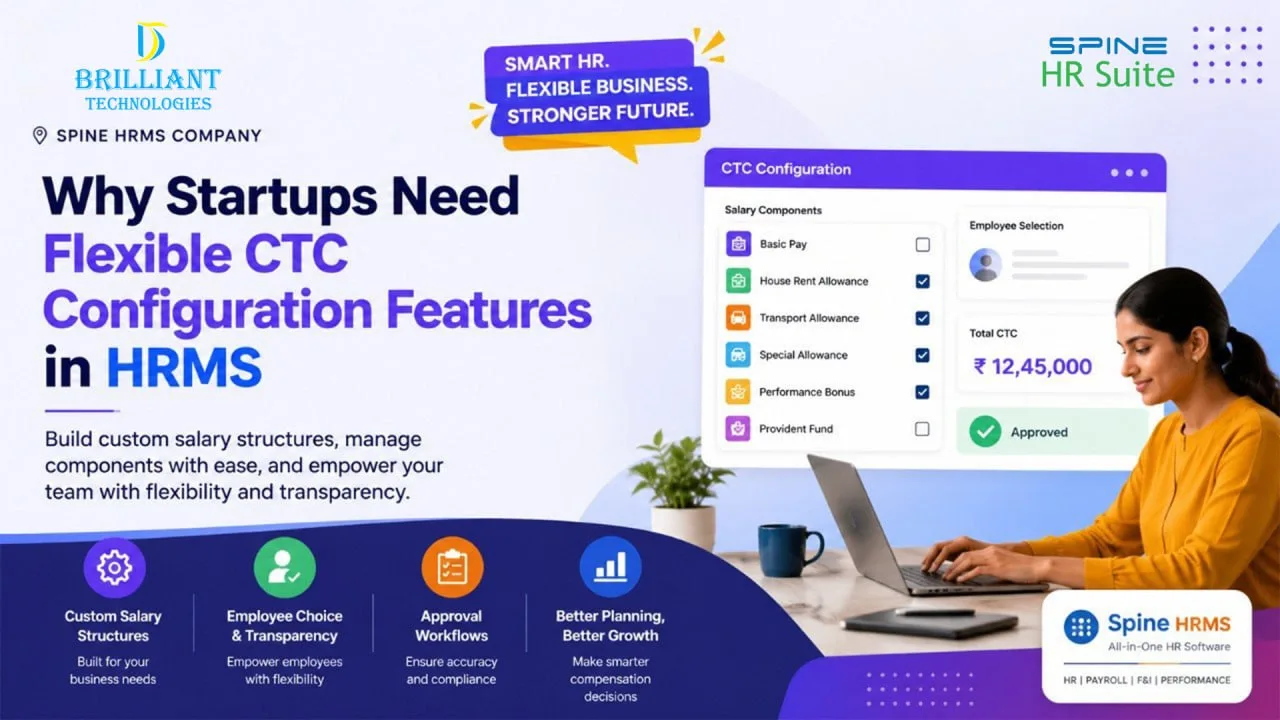 Flexible CTC Configuration Features in HRMS by Brilliant Technologies, a Spine HRMS company in Hyderabad, showcasing employee salary structure management, flexible payroll configuration, and HRMS compensation management software for startups.