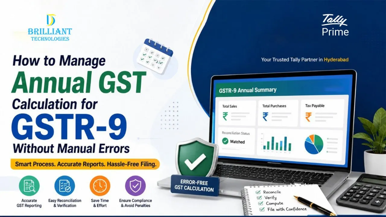 How to Manage Annual GST Calculation for GSTR-9 Without Manual Errors banner by Brilliant Technologies, Hyderabad showing TallyPrime GST reporting, reconciliation, accurate GST filing, and error-free annual GST calculation services.