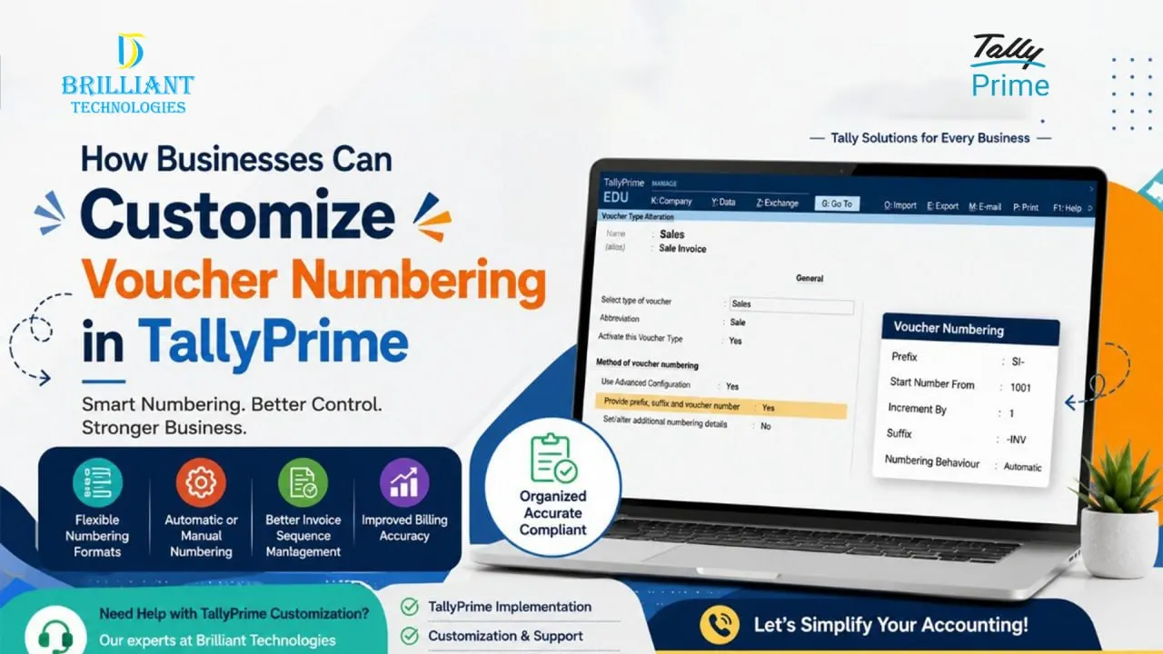 Professional TallyPrime voucher numbering customization dashboard showing flexible invoice numbering, billing automation, and accounting management solutions by Brilliant Technologies Hyderabad.