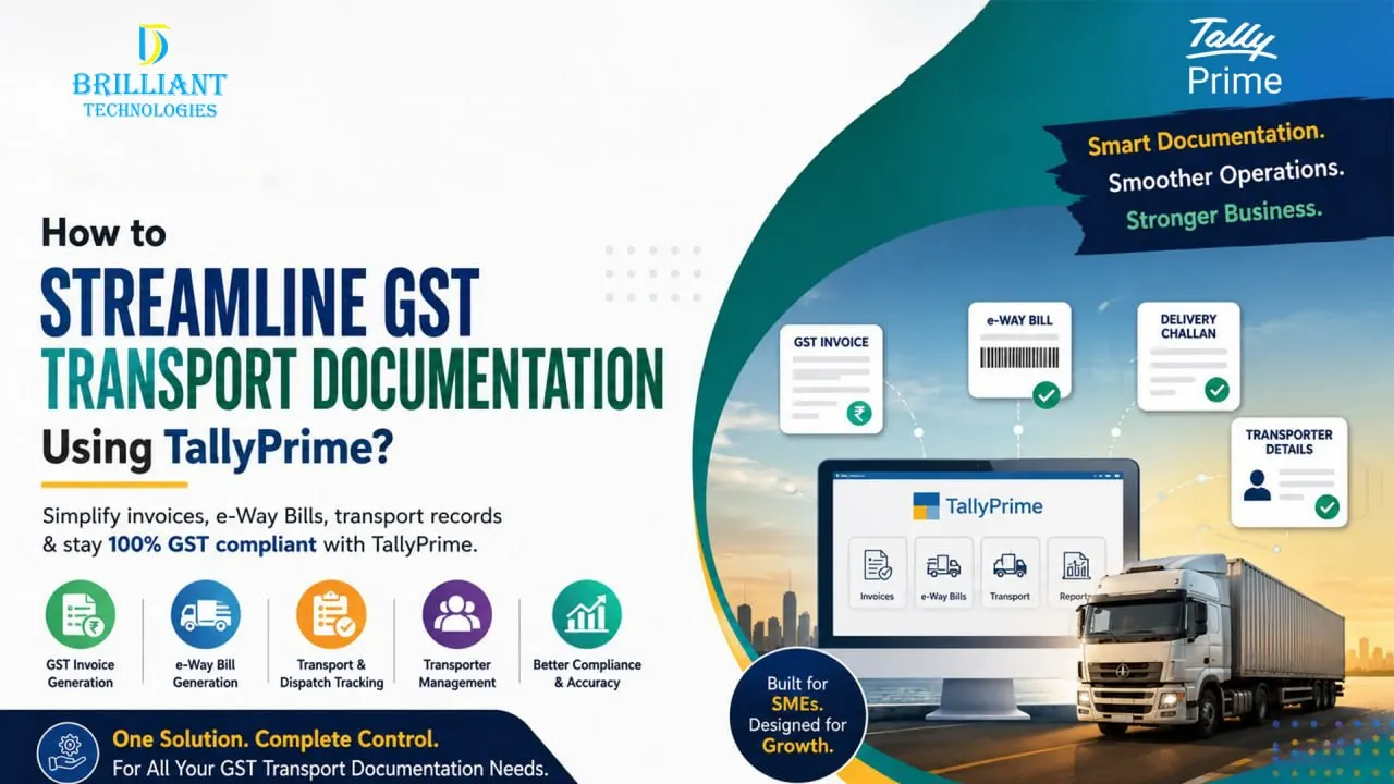 Brilliant Technologies Hyderabad poster showing TallyPrime GST transport documentation, e-Way Bill management, transport billing, GST invoice generation, and logistics accounting solutions for SMEs.