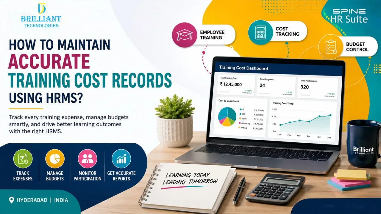 Brilliant Technologies HRMS training cost management software dashboard for employee training expense tracking and budget management in Hyderabad