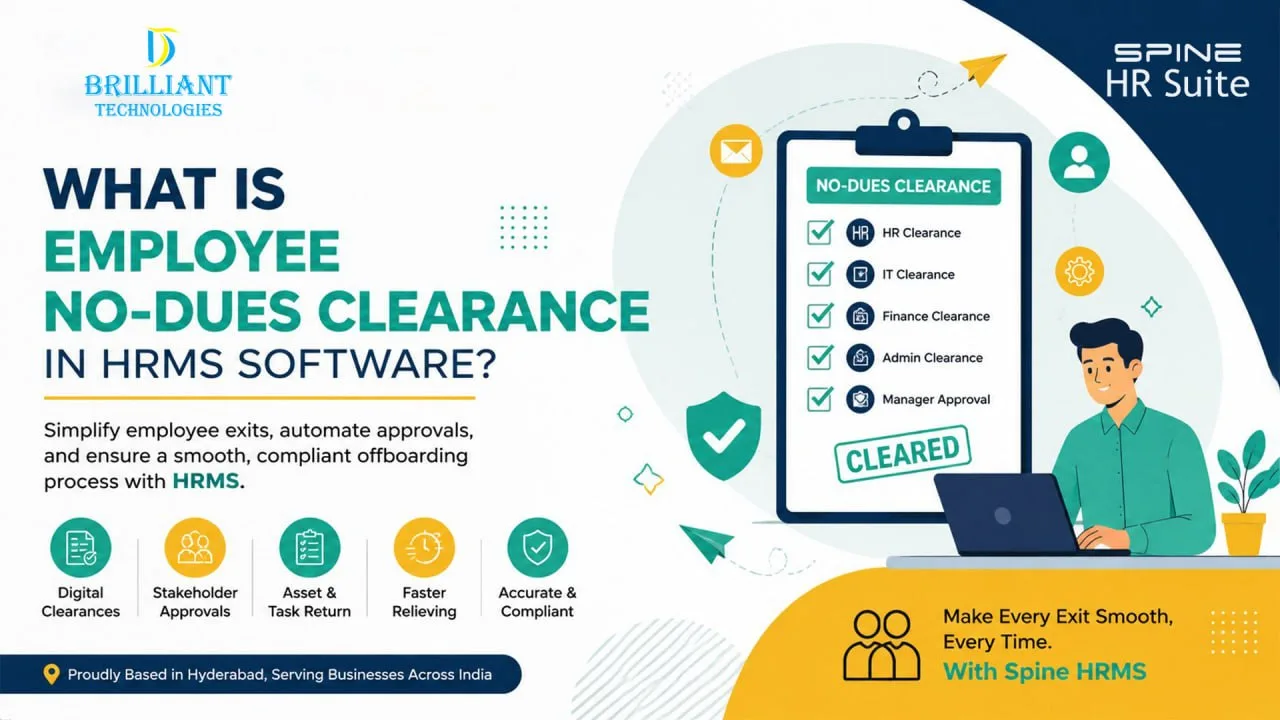 Employee No-Dues Clearance in HRMS Software by Brilliant Technologies Hyderabad showing digital employee exit approvals, stakeholder clearance, HR workflow automation, and Spine HR Suite offboarding management.