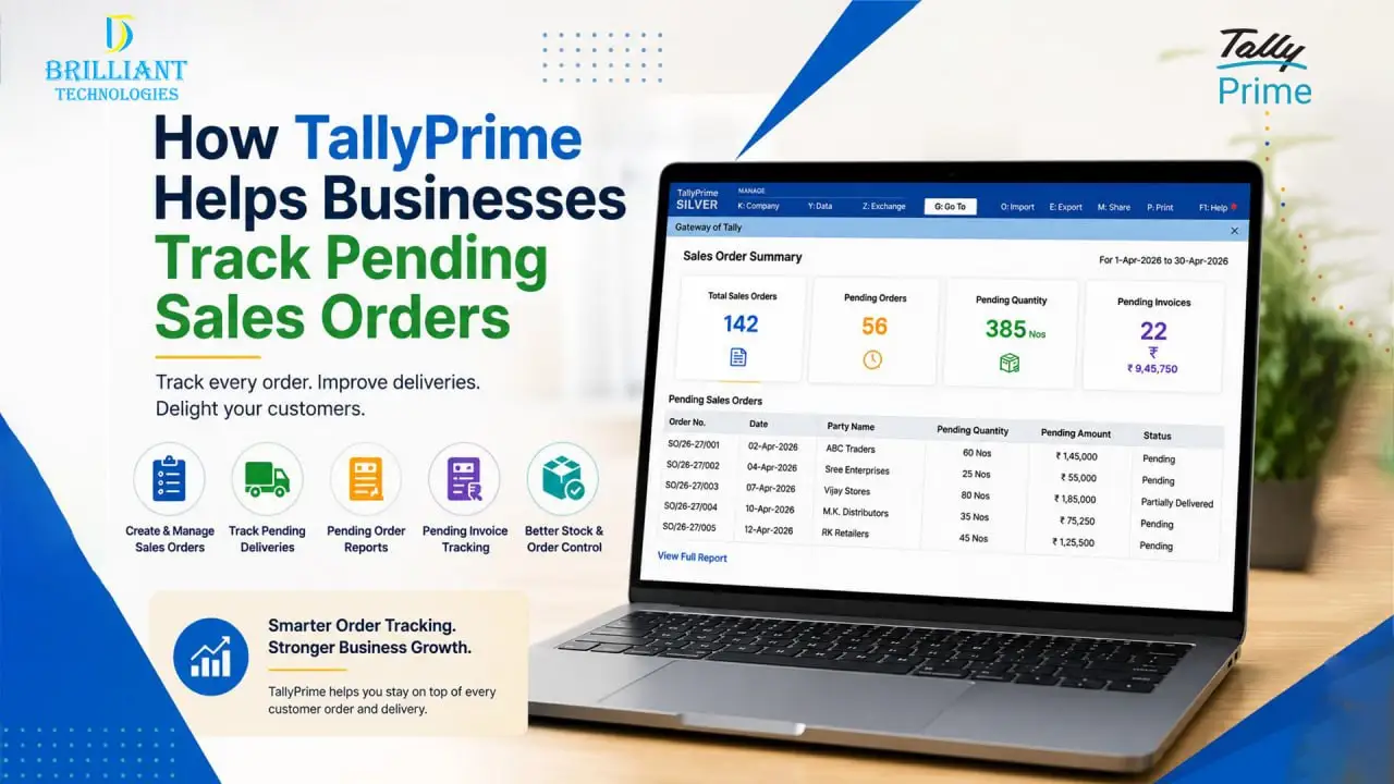 How TallyPrime Helps Businesses Track Pending Sales Orders by Brilliant Technologies Hyderabad showing TallyPrime sales order dashboard with pending orders, invoice tracking, and delivery management for SMEs