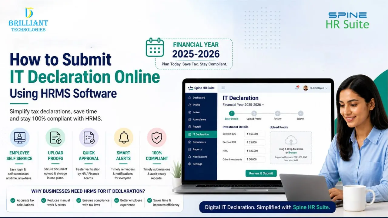 HRMS IT declaration online process dashboard for financial year 2025-2026 with Spine HR Suite by Brilliant Technologies Hyderabad showing employee self service portal and tax submission system