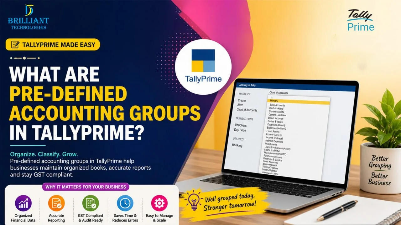 Pre defined accounting groups in TallyPrime Hyderabad displayed on laptop screen with organized chart of accounts structure for SMEs by Brilliant Technologies