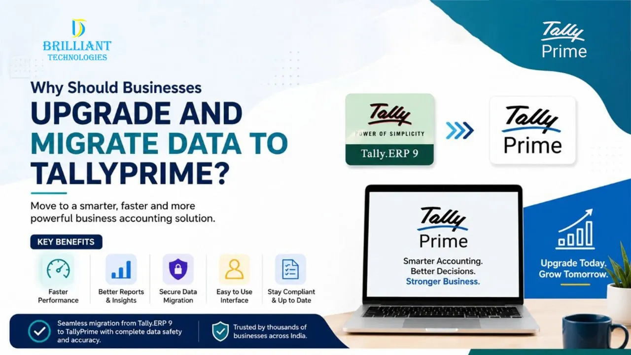 Business data migration from Tally ERP 9 to TallyPrime showing secure data transfer, accounting software upgrade benefits, and TallyPrime implementation services by Brilliant Technologies Hyderabad.