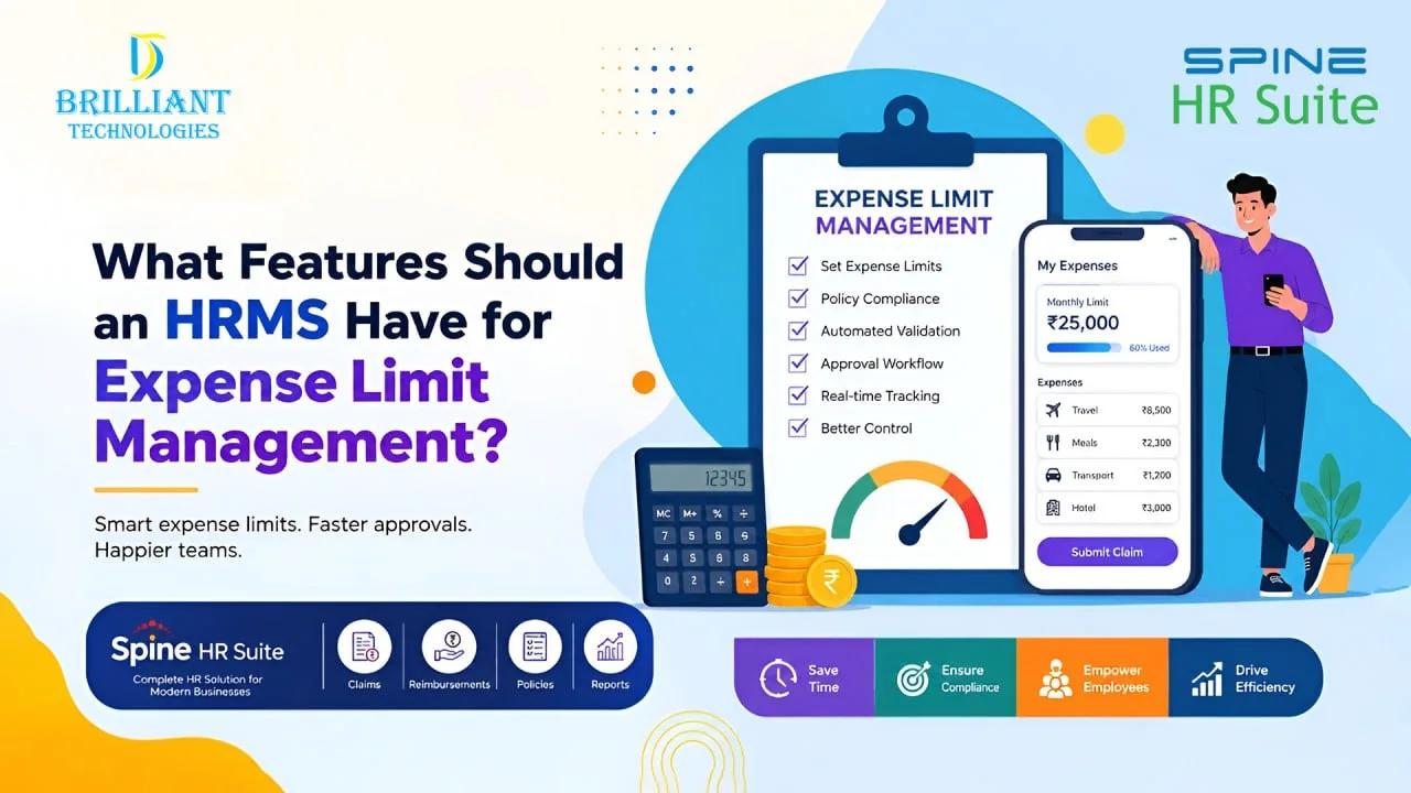Brilliant Technologies Hyderabad HRMS expense limit management software dashboard showing employee expense tracking, reimbursement approval workflow, and automated policy validation system