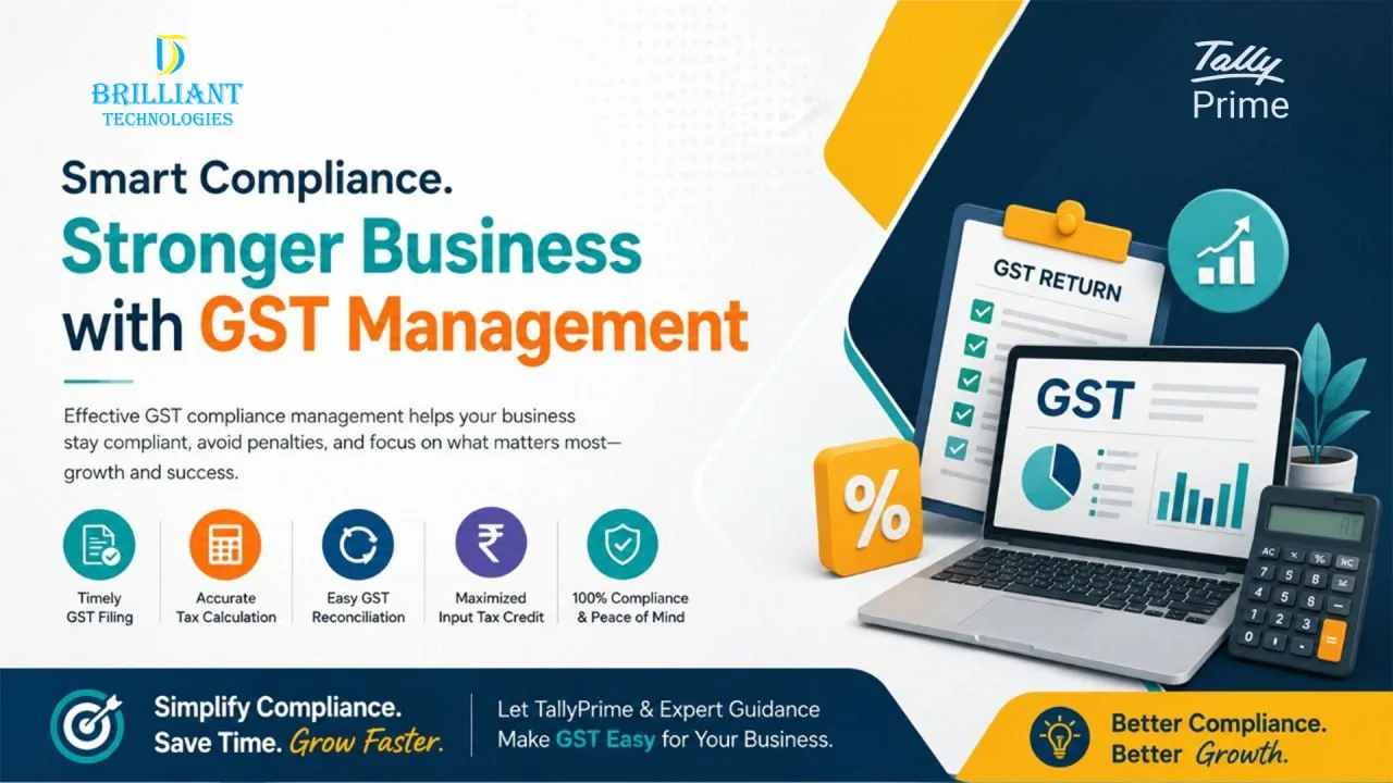 Professional GST compliance management banner by Brilliant Technologies showcasing TallyPrime solutions in Hyderabad for GST filing, GST reconciliation, tax compliance, Input Tax Credit management, and business growth automation.