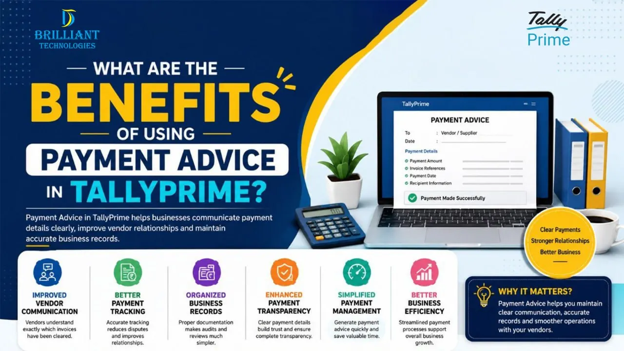 Benefits of Payment Advice in TallyPrime for vendor payment tracking and business accounting by Brilliant Technologies Hyderabad