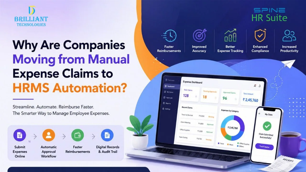 HRMS expense management automation dashboard by Brilliant Technologies Hyderabad helping businesses streamline employee expense claims and reimbursements.