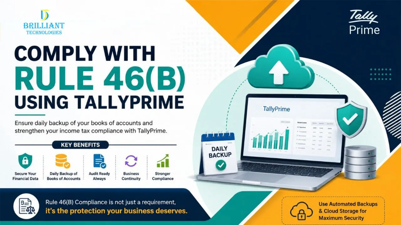 Rule 46(B) compliance using TallyPrime with daily backup of books of accounts, cloud backup, financial data security, and audit readiness by Brilliant Technologies Hyderabad
