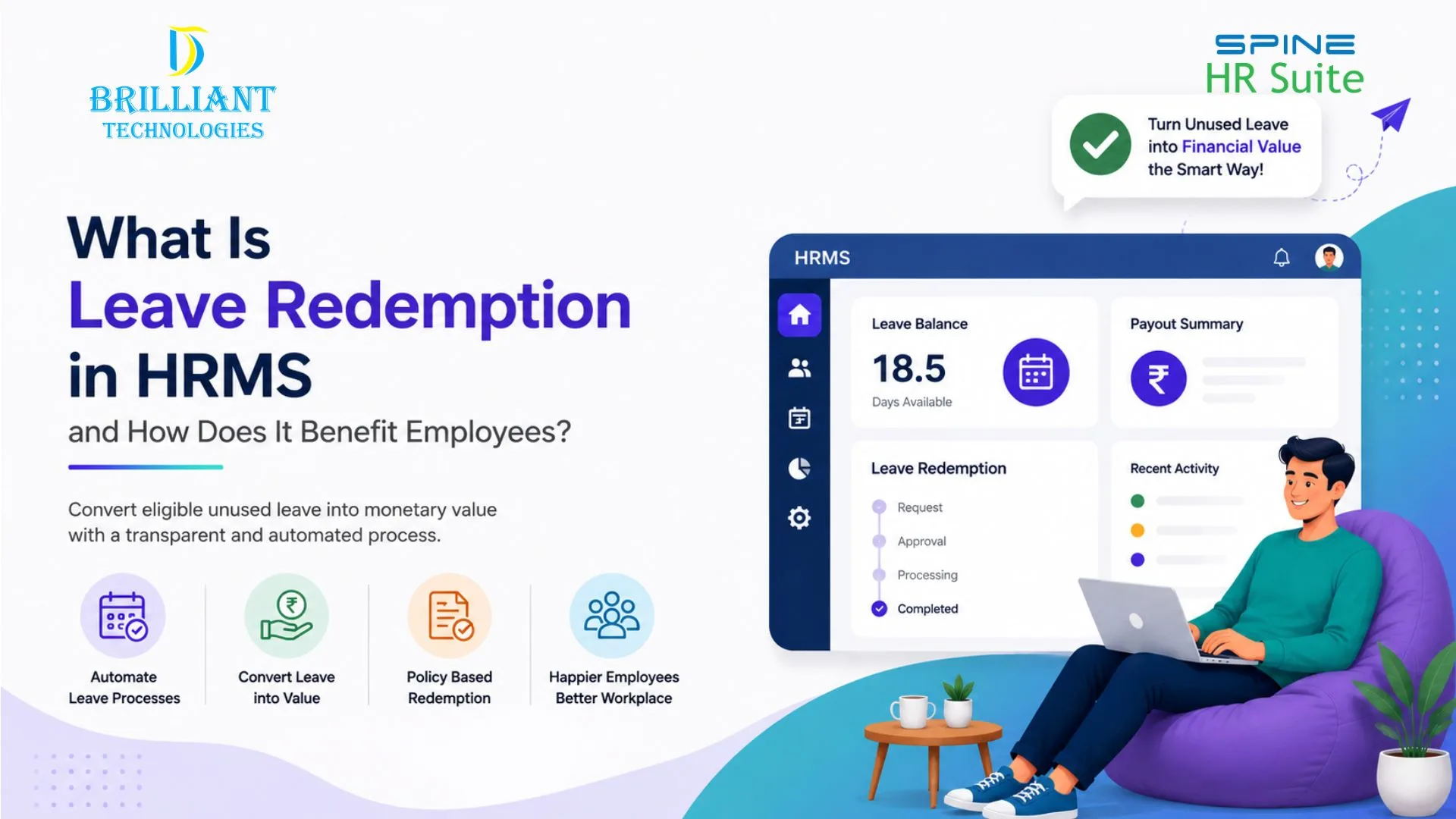 Leave Redemption in HRMS Software by Brilliant Technologies Hyderabad showing automated leave encashment, employee self-service portal, leave balance tracking, and workforce management solutions for businesses.