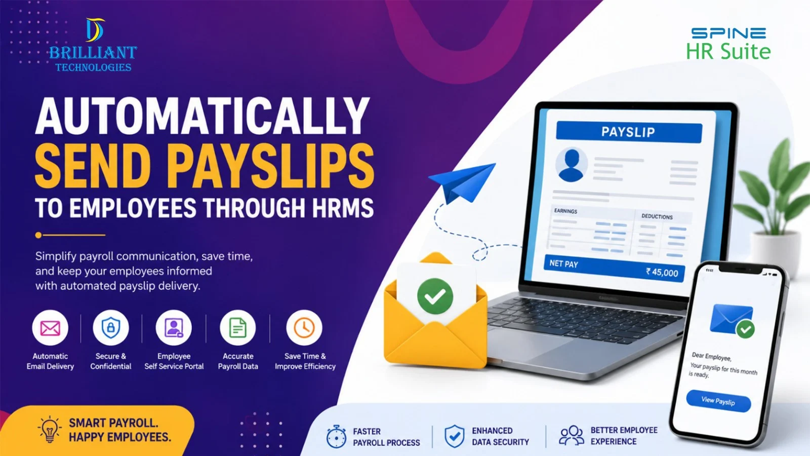 Automatic payslip distribution through HRMS software by Brilliant Technologies in Hyderabad, showing secure payroll automation, employee self-service portal, digital salary slips, and payroll management system.