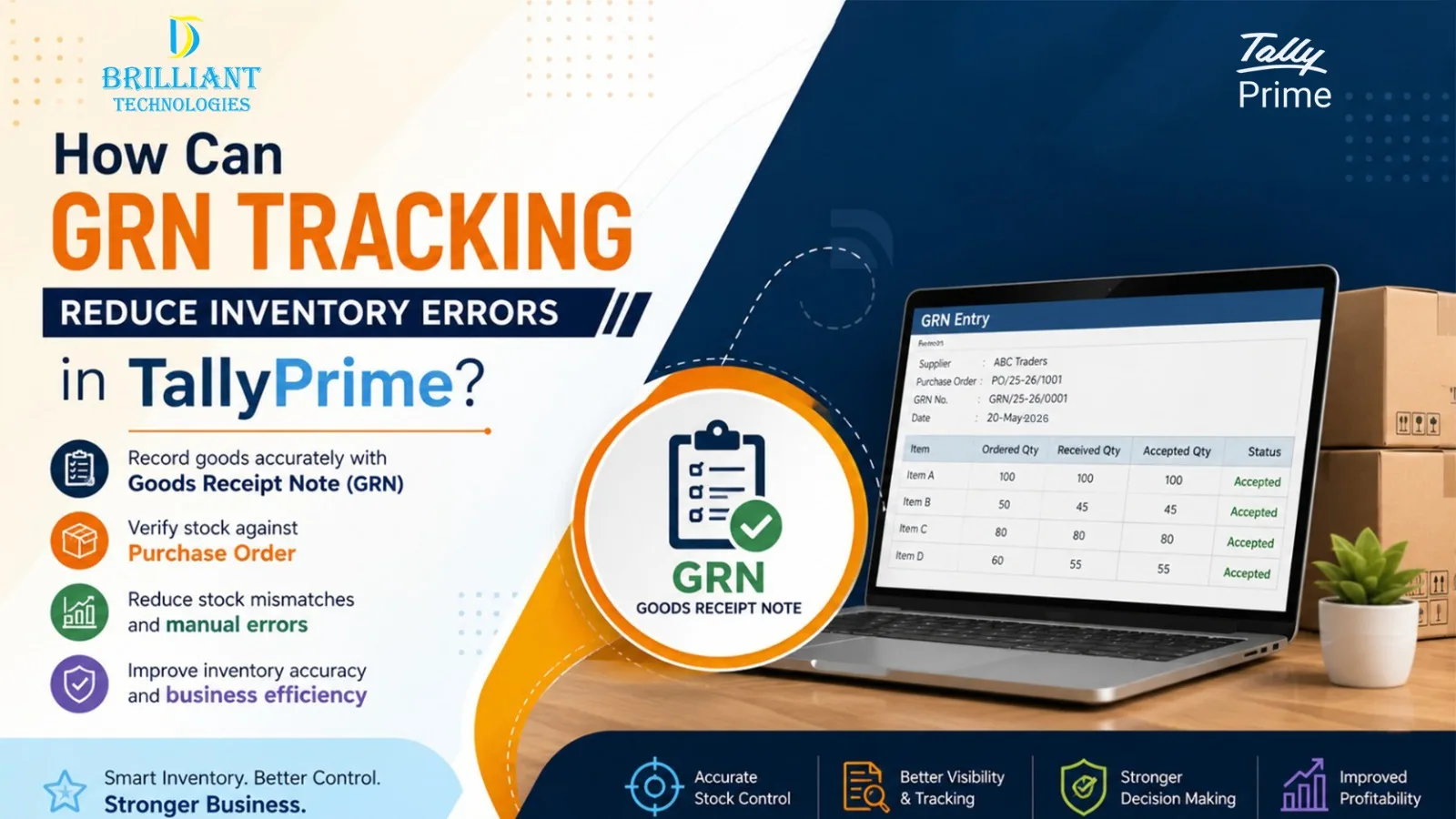 GRN tracking in TallyPrime reducing inventory errors for businesses in Hyderabad by Brilliant Technologies