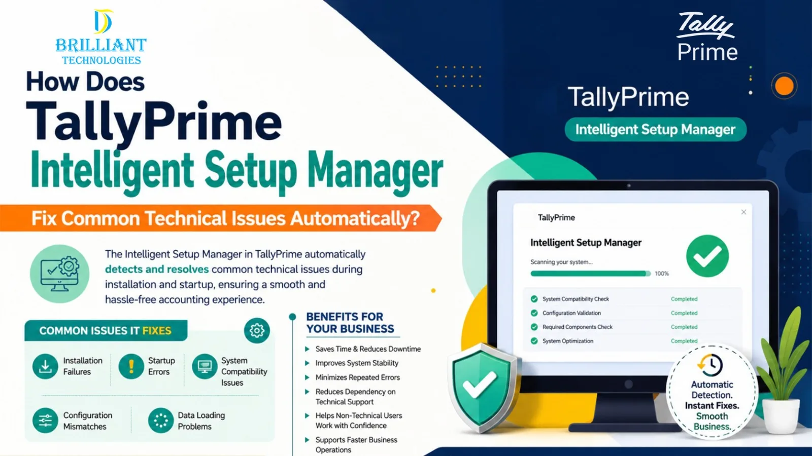 TallyPrime Intelligent Setup Manager dashboard showing automatic detection and resolution of installation errors, startup issues, configuration mismatches, and system compatibility problems for businesses in Hyderabad by Brilliant Technologies.