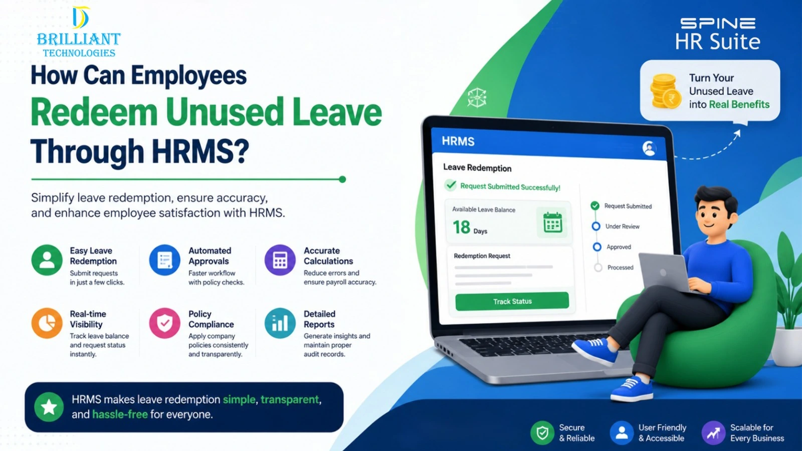 Employee redeeming unused leave through Spine HRMS software by Brilliant Technologies in Hyderabad with automated leave management, leave encashment, payroll integration, and HR workflow automation.