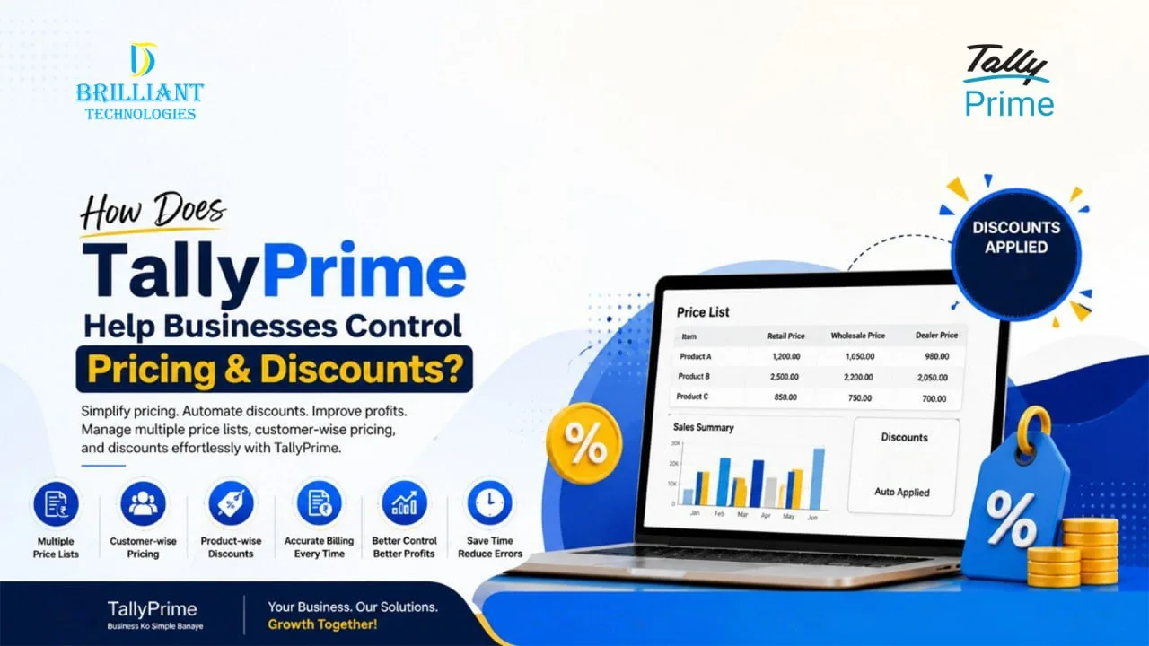 TallyPrime Price and Discount Management solution by Brilliant Technologies, Authorized Tally Partner in Hyderabad, helping businesses automate multiple price lists, customer-wise pricing, product discounts, and accurate billing.