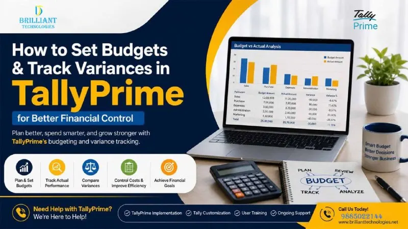 TallyPrime budget management dashboard by Brilliant Technologies, Authorized Tally Partner in Hyderabad, helping businesses track budgets and financial variances.