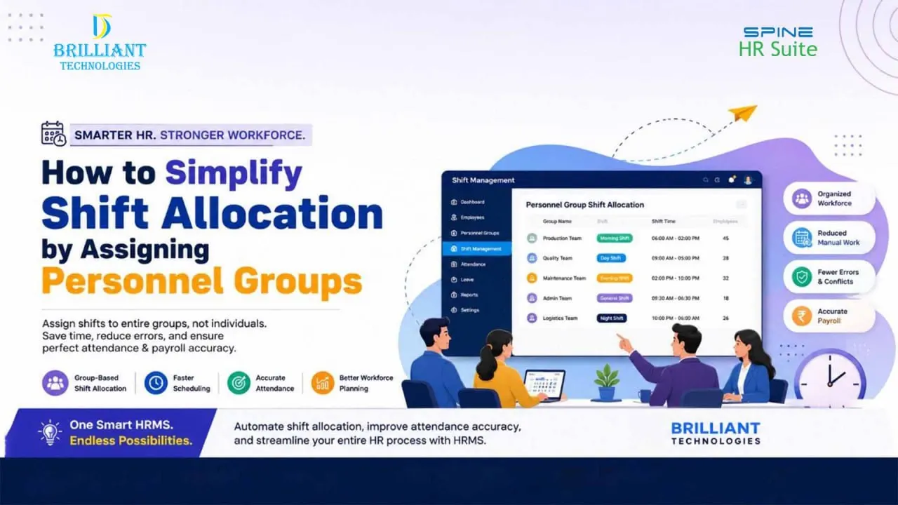 HRMS Software Hyderabad by Brilliant Technologies simplifies employee shift allocation using personnel groups for accurate scheduling.