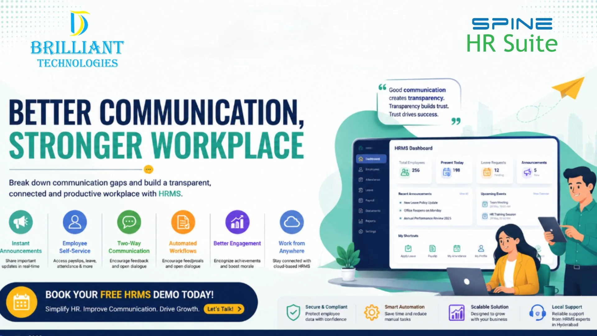 Modern HRMS software dashboard by Brilliant Technologies in Hyderabad featuring employee self-service, HR automation, attendance, payroll, leave management, and workplace communication solutions.