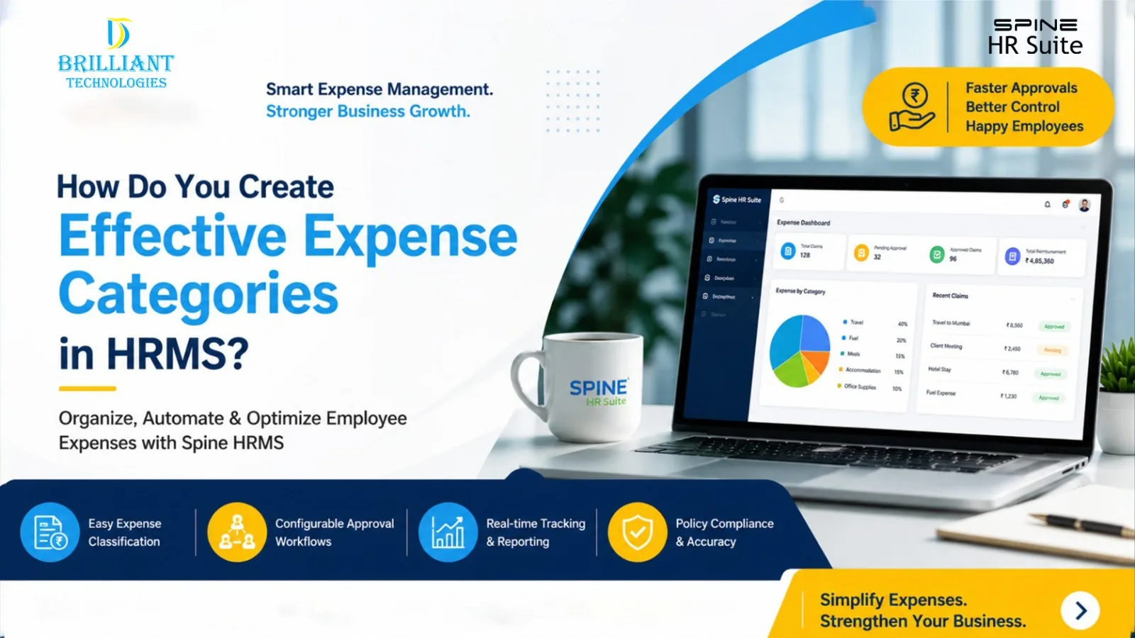 Premium HRMS expense management dashboard showing how to create effective expense categories in Spine HRMS by Brilliant Technologies, a trusted HRMS software provider in Hyderabad for employee reimbursement and expense management.
