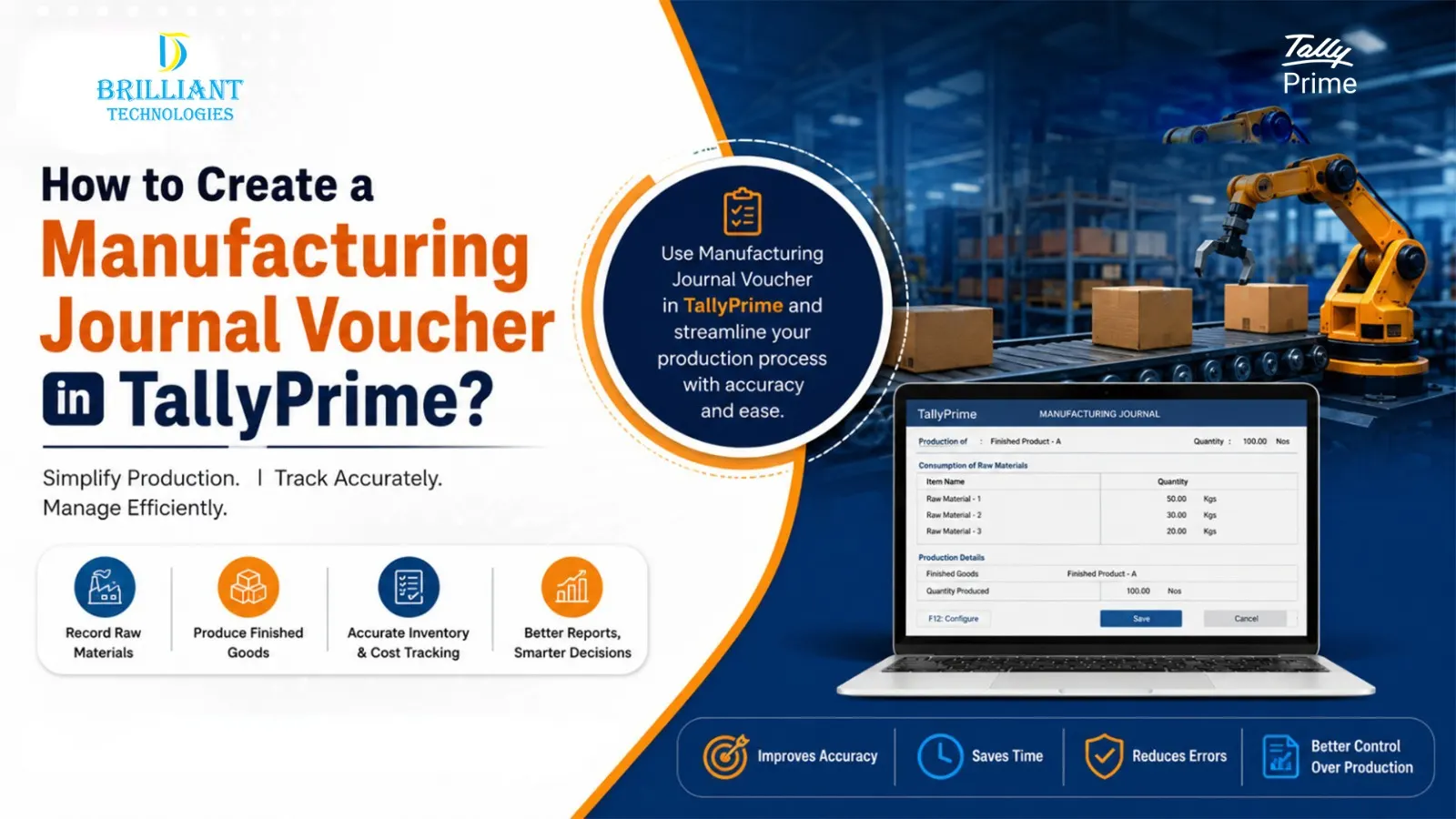 Manufacturing Journal Voucher in TallyPrime guide by Brilliant Technologies, Authorized Tally Partner and Tally Dealer in Hyderabad, showing production, inventory, and BOM management.