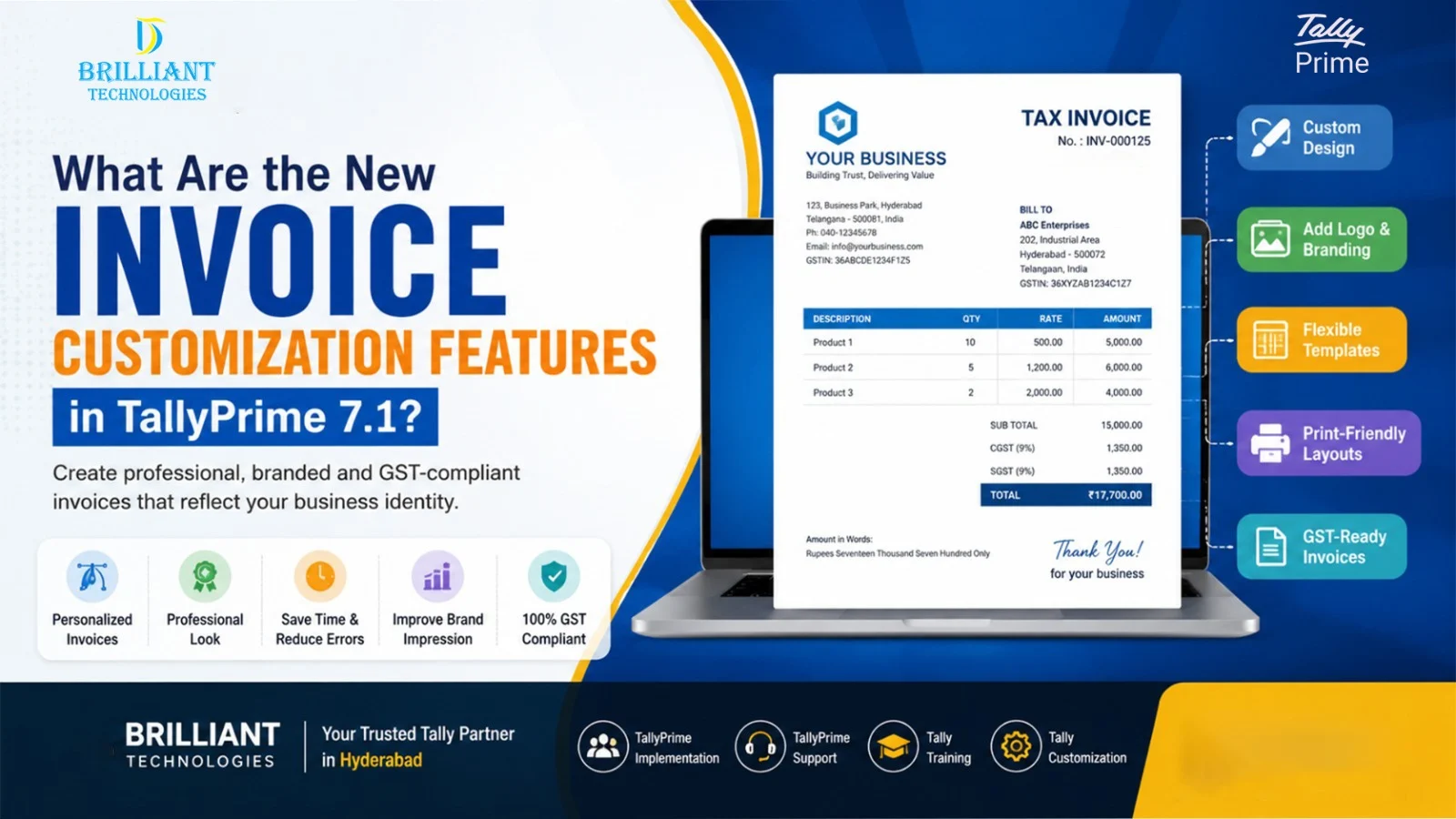 Blog banner showcasing the new TallyPrime 7.1 invoice customization features, including custom invoice templates, GST invoice customization, invoice personalization, and professional invoice design by Brilliant Technologies, Authorized Tally Partner in Hyderabad.