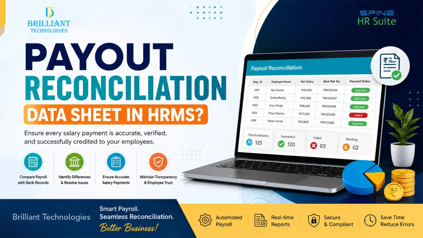 Illustration showing payout reconciliation data sheet in Spine HRMS for accurate payroll verification, salary reconciliation, and payroll management by Brilliant Technologies, HRMS company in Hyderabad.