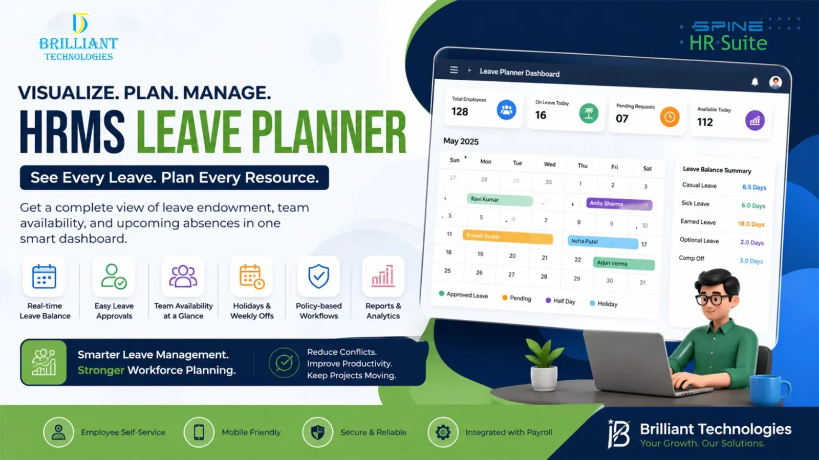 HRMS Leave Planner software by Brilliant Technologies in Hyderabad showing employee leave management, leave balance tracking, team availability, and automated leave approval dashboard.