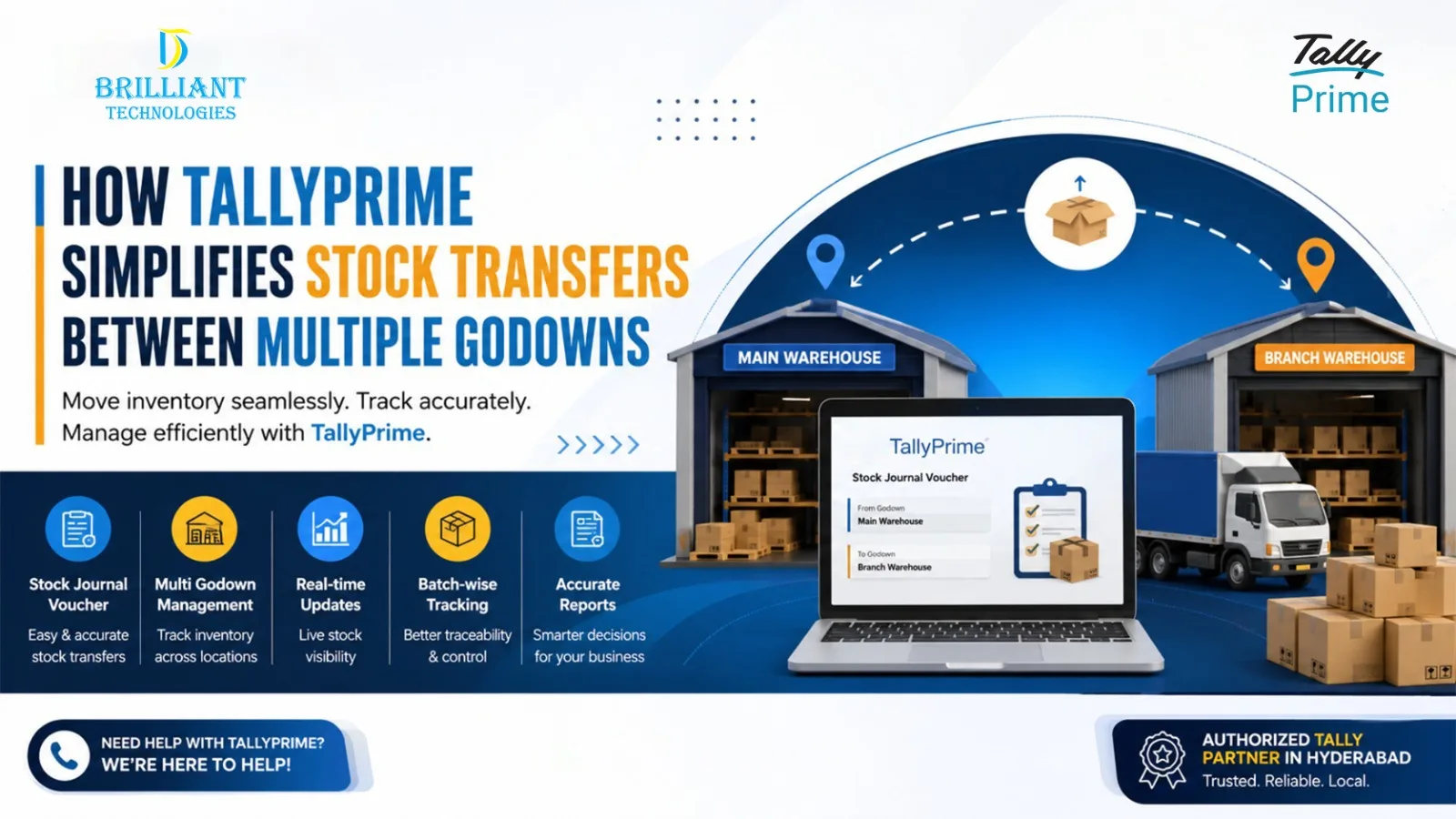 TallyPrime Stock Transfer between multiple godowns by Brilliant Technologies, Authorized Tally Partner in Hyderabad for efficient warehouse inventory management.