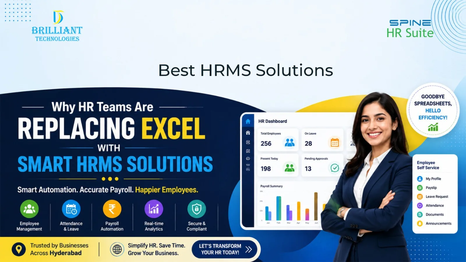 Modern HRMS software dashboard replacing Excel for payroll, attendance, leave management, and employee records by Brilliant Technologies, HRMS provider in Hyderabad.