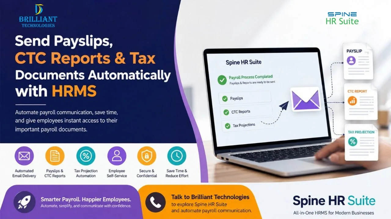HRMS payroll automation software by Brilliant Technologies in Hyderabad for automatic payslip, CTC report and tax document distribution