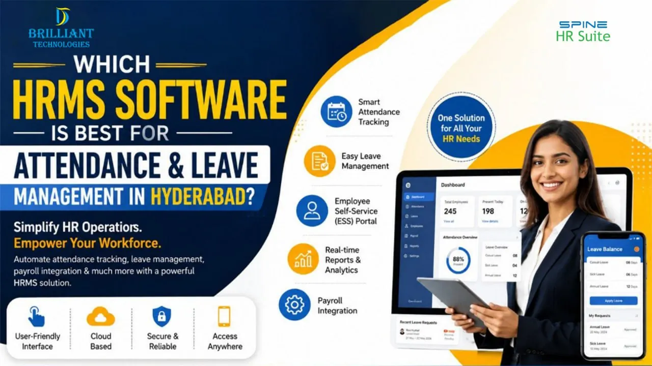 Professional HRMS software in Hyderabad by Brilliant Technologies for attendance tracking, leave management, payroll integration, employee self-service, and workforce management.