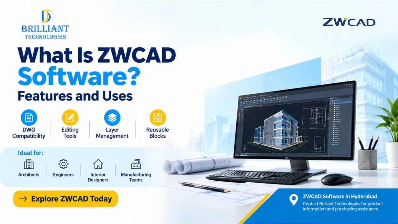 ZWCAD software features and uses by Brilliant Technologies in Hyderabad, featuring CAD drafting tools and architectural design.