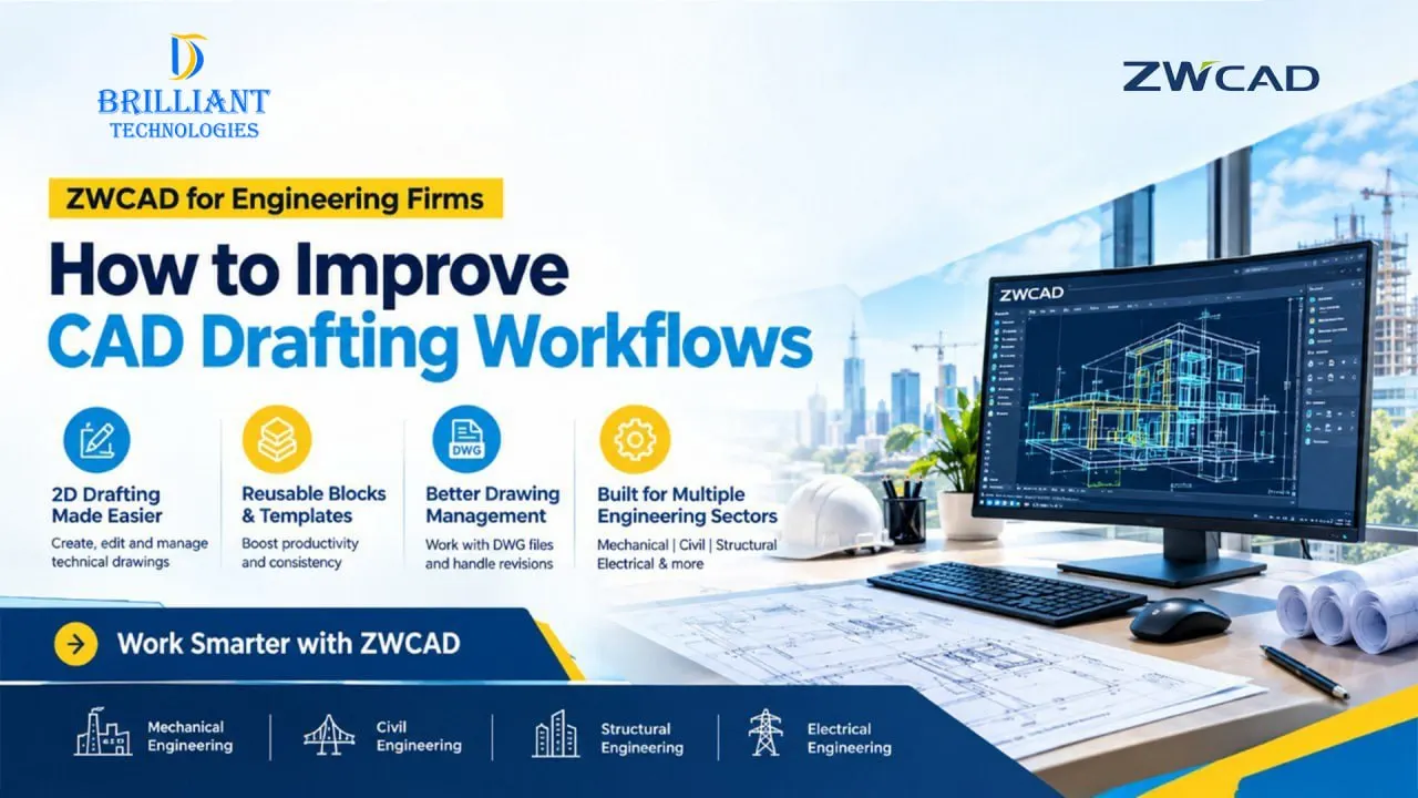 Brilliant Technologies ZWCAD software for engineering firms in Hyderabad, featuring CAD drafting workflows and technical drawings.