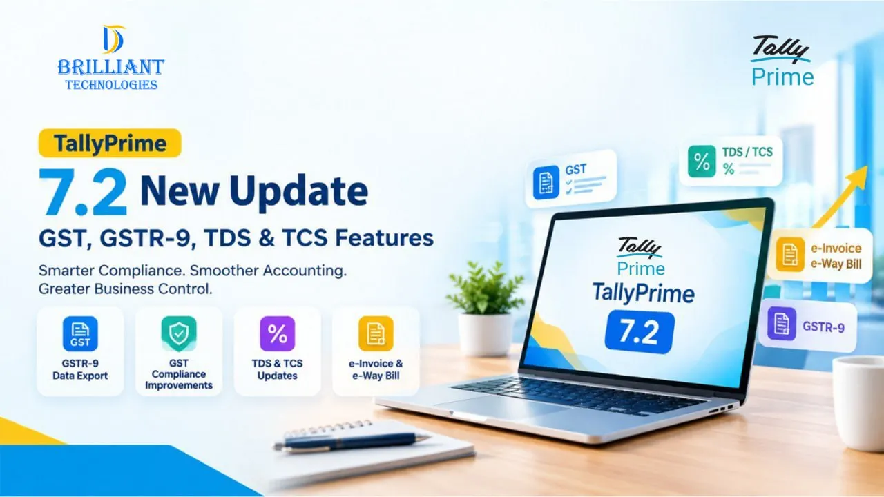 Brilliant Technologies TallyPrime 7.2 update featuring GST, GSTR-9, TDS, TCS and e-Invoice features in Hyderabad